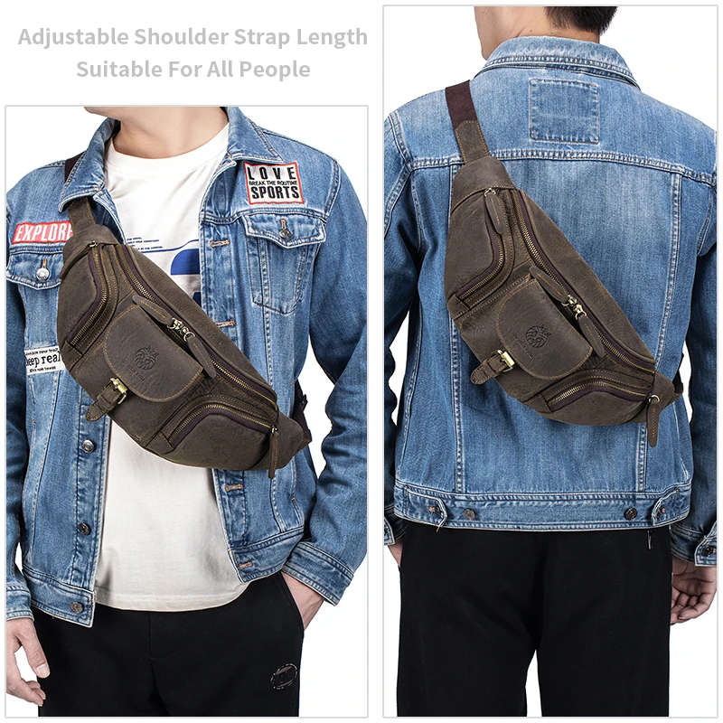 Men's Vintage Leather Chest Bag, Genuine Cowhide Motorcycle Crossbody Bag, Multifunctional Waist Pack, Outdoor Shoulder Purse