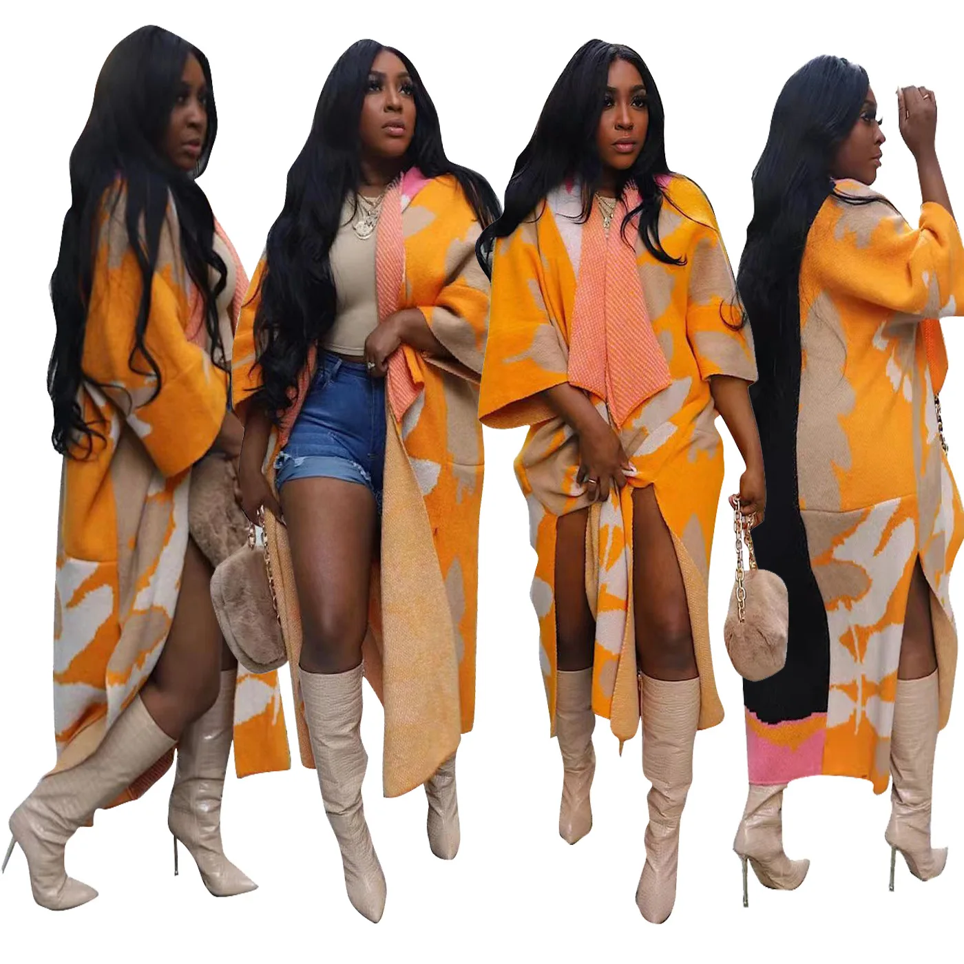 

2023 осень и зима, новое женское повседневное свободное вязаное длинное пальто с короткими рукавами, зимнее женское пальто, теплое