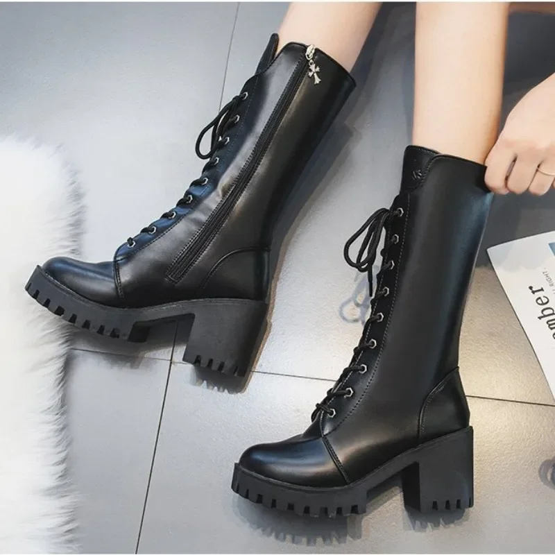Frauen Stiefel High Top Chunky Plattform Pu Mid-Kalb Stiefel Frauen Retro Punk Zunehmende Lange Schuhe Frau