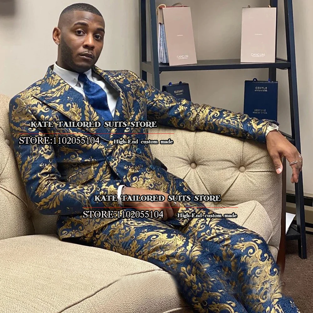 

Classic Men Sutis Navy Gold Floral Jacquard Formal Business Blazer Sets Tailored Made Double Breasted Coat Pant Design Latest