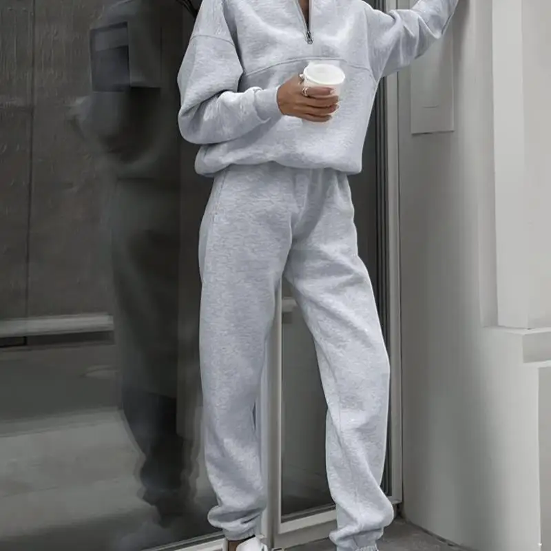 

Women's Zipper Hoodie Set Stand Collar Tracksuit Winter Fashion Ladies' Silk Blend Zip up Hoodie with Pants Clothing Set