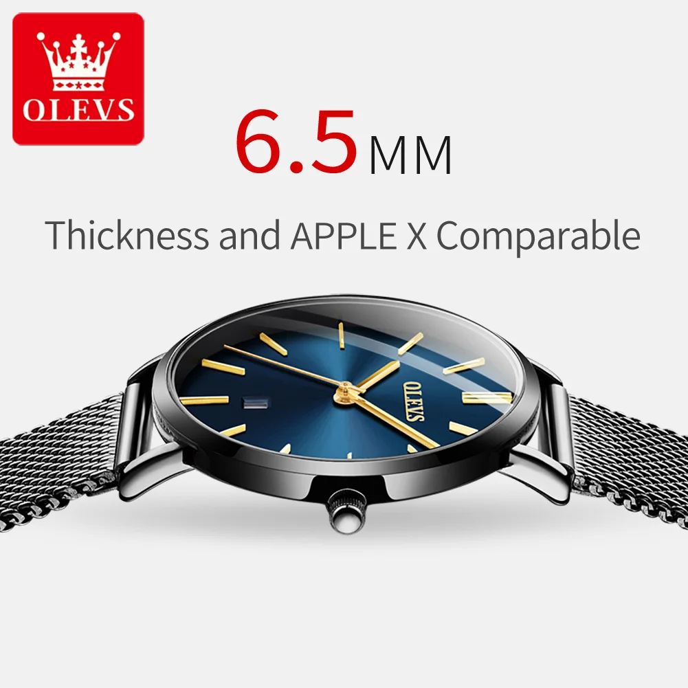 OLEVS jam tangan pasangan pria dan wanita, arloji Quartz 5869 Ultra tipis 6.5mm, tali jala tahan air tanggal otomatis minimalis