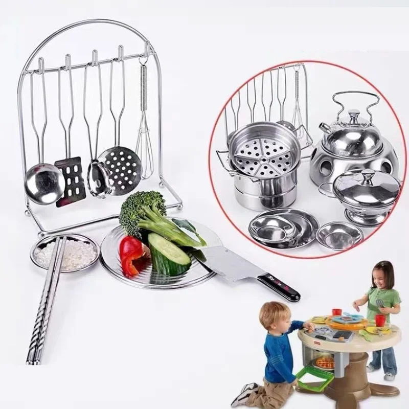 Kitchen Toy Set Simulation Cookware Cooking Utensils Apron Pot Pretend Playset Stainless Steel Pot Pan Cooking Utensil Tool Toys