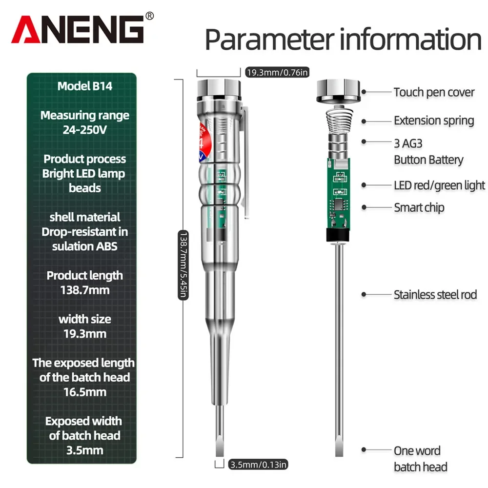 ANENG B14 Intelligent Voltage Tester Pen  24-250V AC Non-contact Induction Test Pencil  Breakpoint detection Light Alarm test