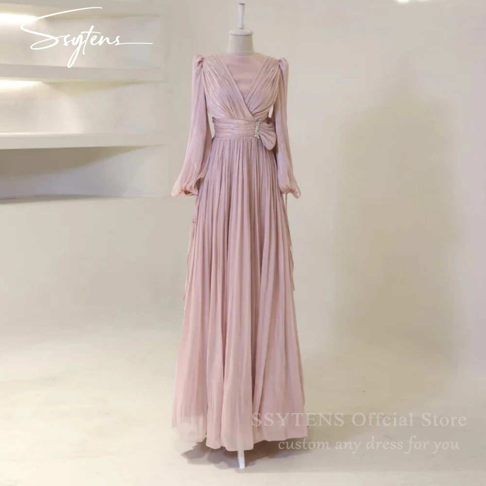

SSYTENS Modest Arabic Evening Dressed O-Neck Customized Long Sleevs A Line Satin Floor Length Prom Wedding Guest Party Gowns
