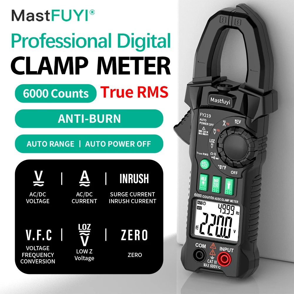 MASTFUYI Professional Digital Clamp Meter Multimeter AC/DC Voltage Current Tester, High Precision, Inrush Current, VFC, Low-Z