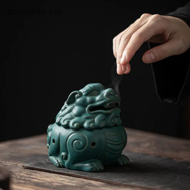 Ceramic Lion Dragon Aromatherapy Burner Auspicious Brave Troops Incense Coil Holder Sandalwood Censer for Indoor Home Decor