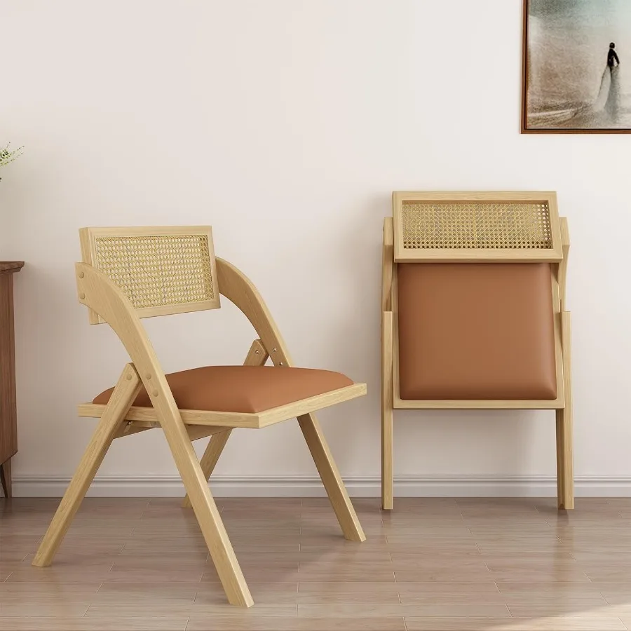 Folding Dining Chairs Set of 2 Wooden Foldable Dining Chairs Modern Mid Century Leather Rattan Dining Room Chairs with Padded C