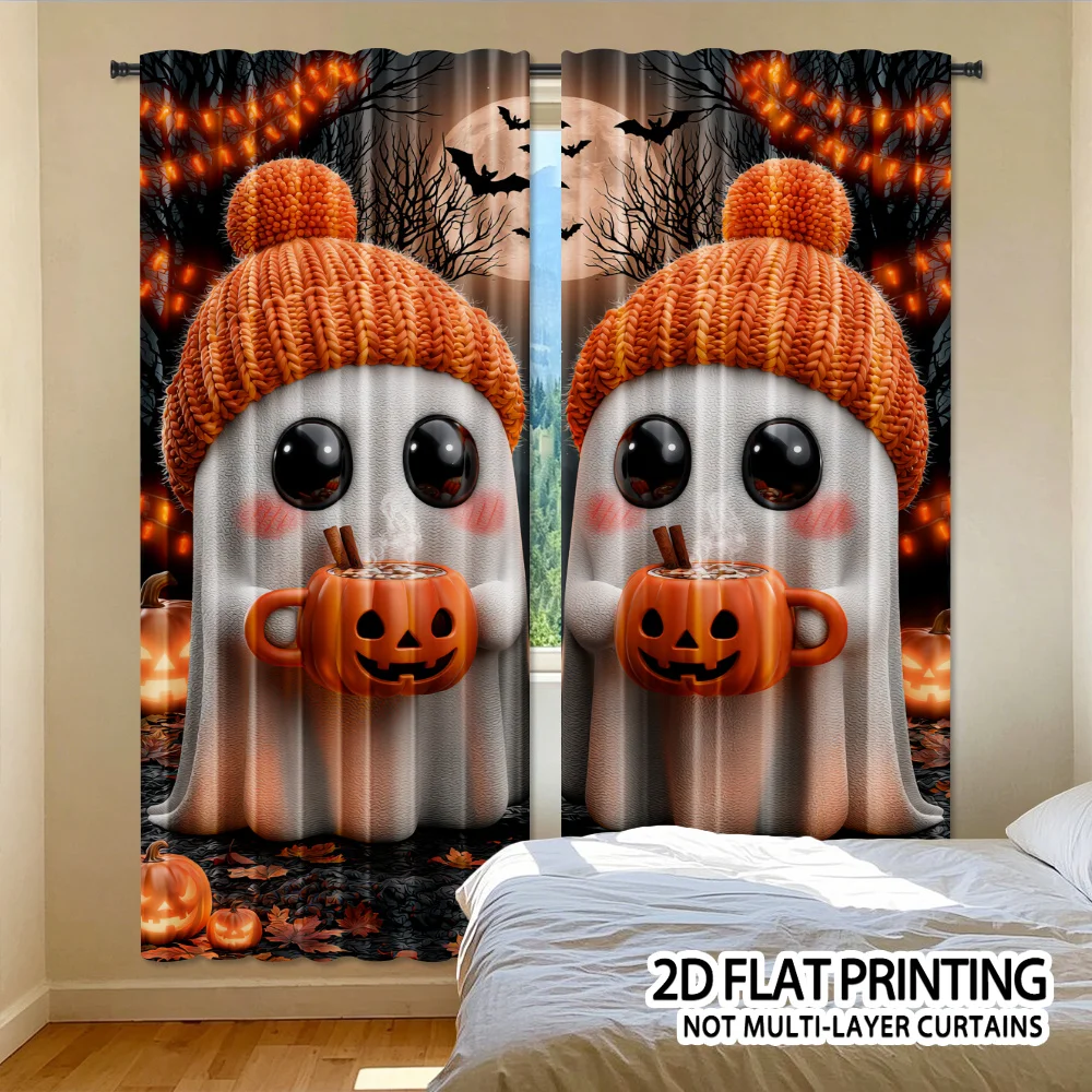 2PCS Digital Print Curtains, Pumpkin, Halloween