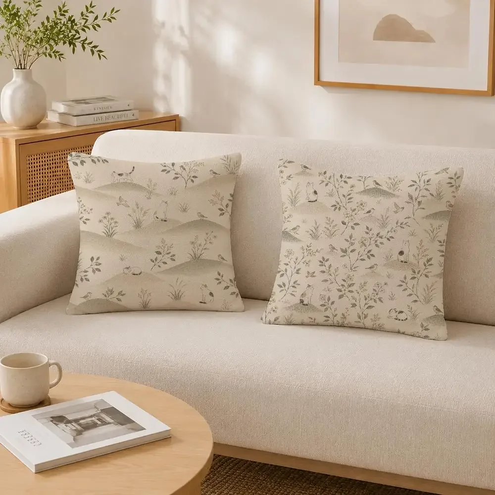 Handdrawn Japandi Japanese Natural Hand-drawn Cushion Cover Soft Fluffy Short Plush  Pillow Case  Sofa Bed Home Decor