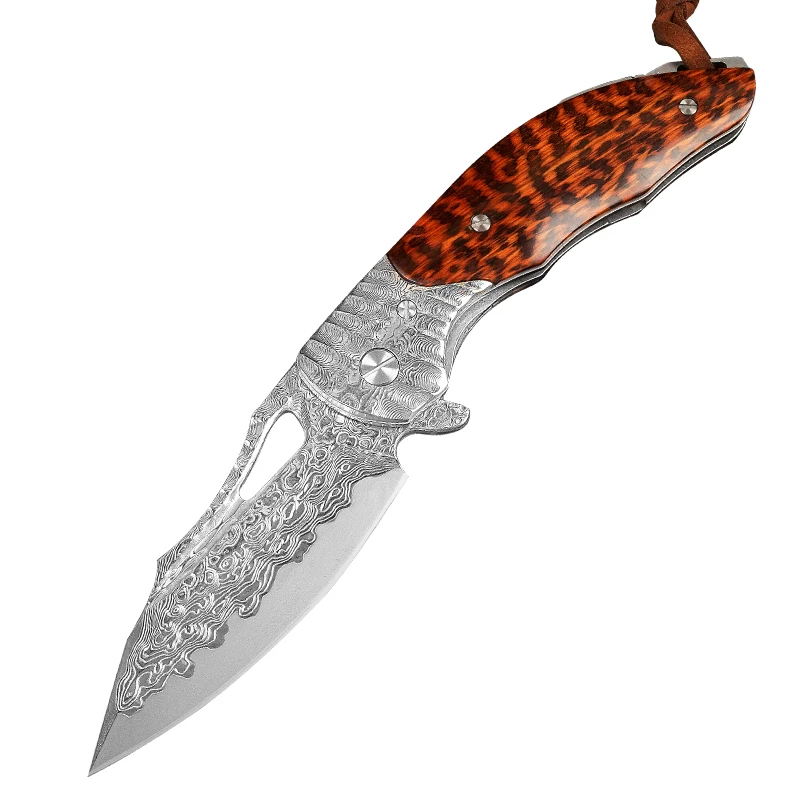 Damascus Steel Pocket Knife Handmade Japanese VG10 Core Snakewood Handle Self Defense Sheath Folding Knives For Hunting Camping