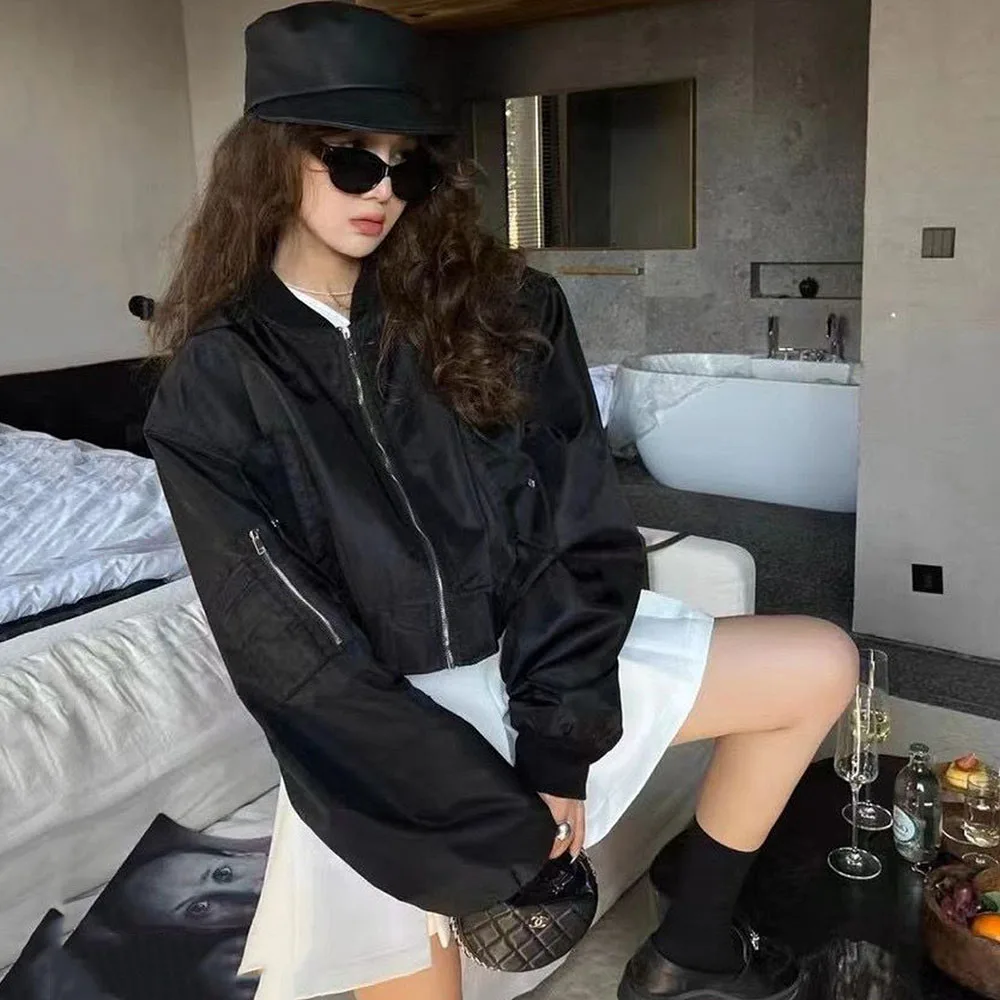 Korean Style Vintage Cropped Bomber Jackets For Women\'s Streetwear Short Coat Oversize Harajuku Fashion Zipper Aesthetic Outwear