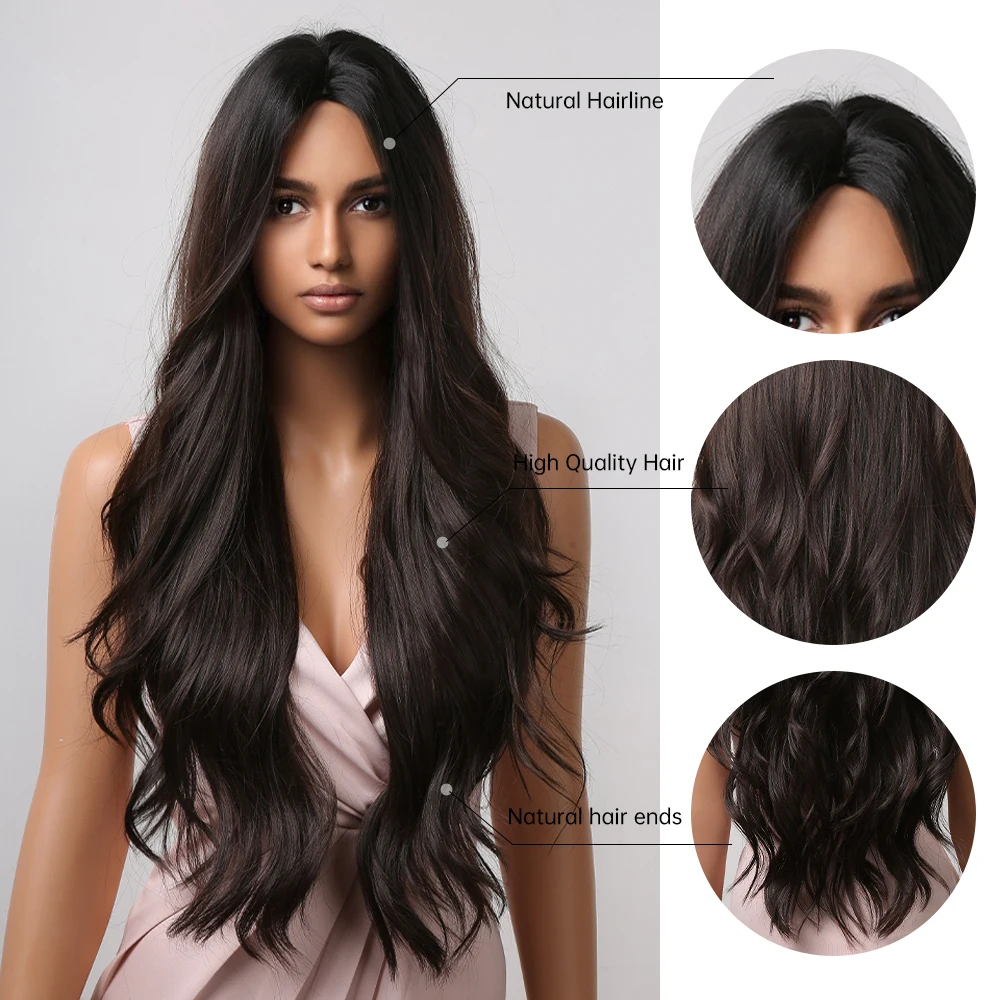 ALAN EATON Long Wavy Synthetic Wigs for Black Women Dark Brown Wig Ntural Middle Parting Wavy Daily Cosplay Hair Heat Resistant