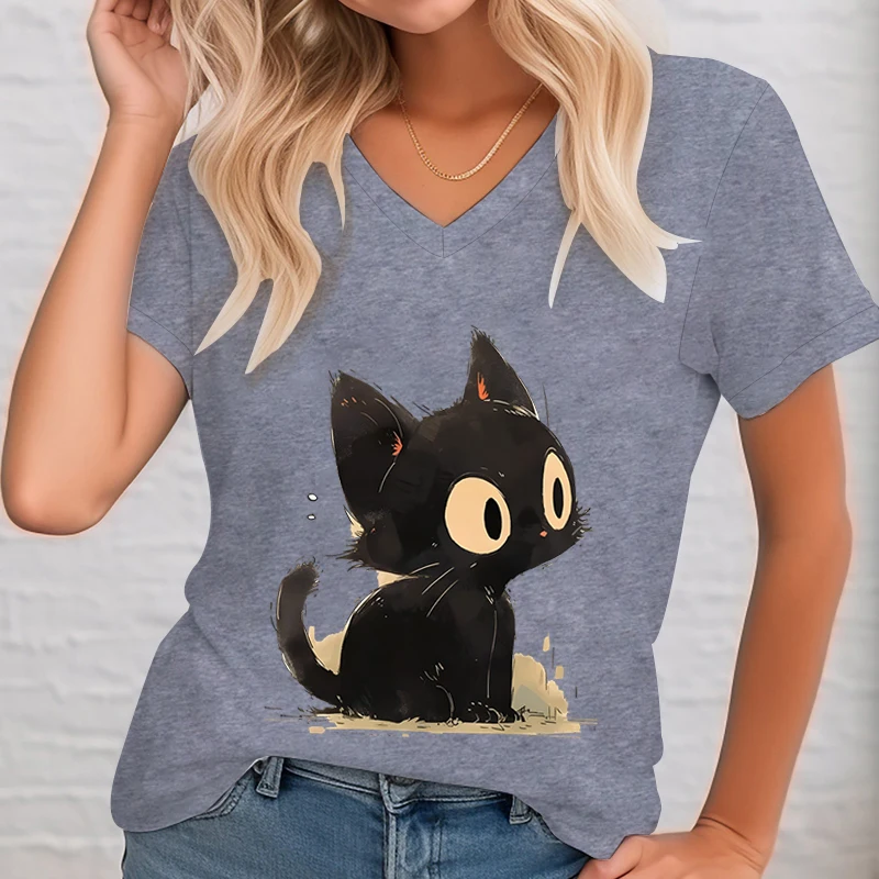 Anime Zwarte Kat Print Vrouwen T-Shirts Street Hiphop Tops T-Shirts Zomer Cartoon Kitten V-Hals Kleding Mode Vrouwen Korte Mouw