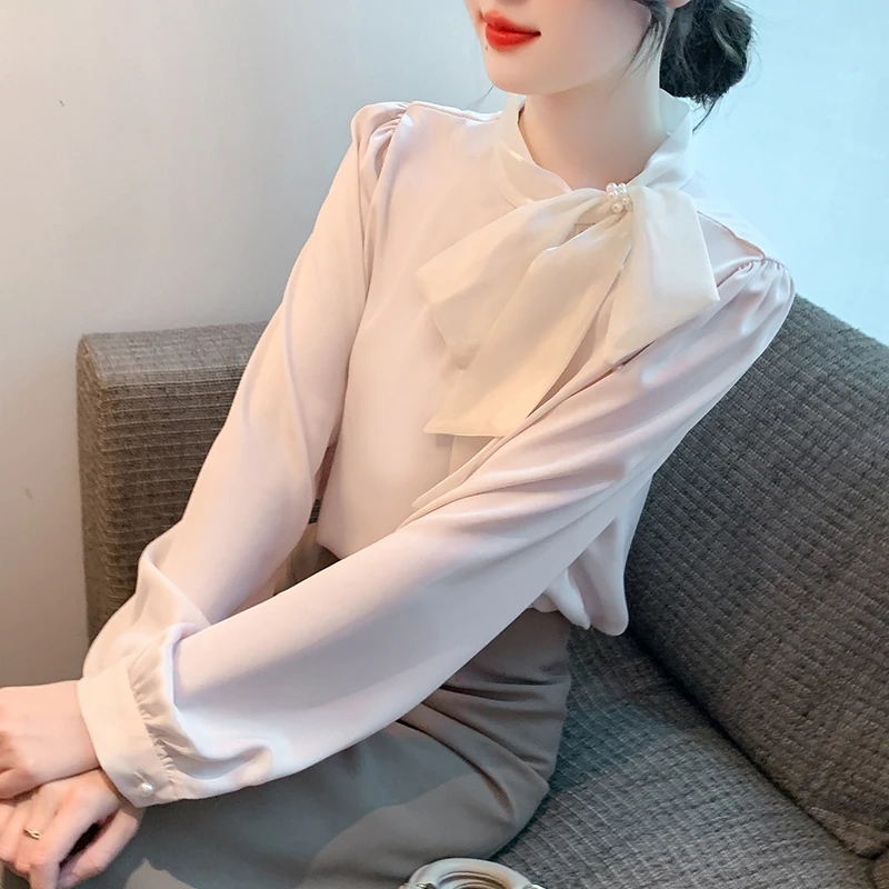 Spring Autumn Women's Solid Pullover Bow Bandage Pearl Pleated Lantern Long Sleeve T-shirt Chiffon Vintage Casual Elegant Tops