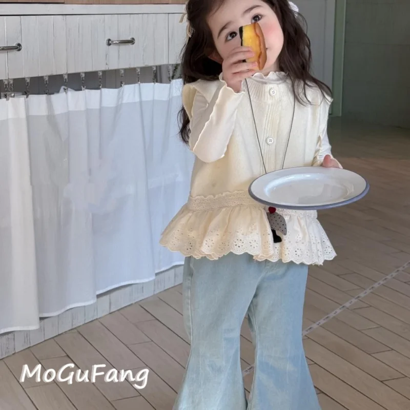 

01-2025Children's Clothing Spring New Girls' Knitted Lace Vest Base Shirt Embroidered Flared Jeans