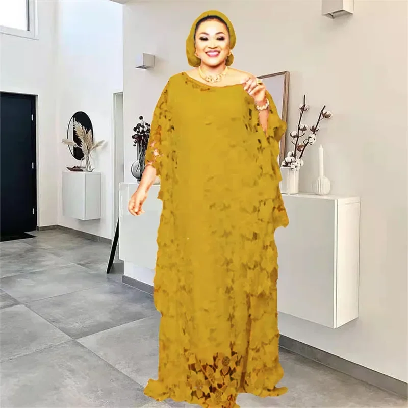 Vestido africano hueco de encaje para Abaya, ropa africana para mujeres musulmanas, Dashiki tradicional Boubou, bata árabe marroquí de Dubái para mujer 2024