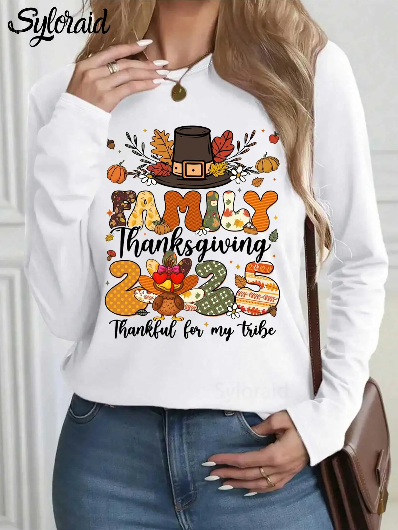 Damska koszulka z długim rękawem na Święto Dziękczynienia 2025, koszulka z motywem indyka, koszulka na spotkanie rodzinne, modna koszulka z okrągłym dekoltem, codzienna bluzka.