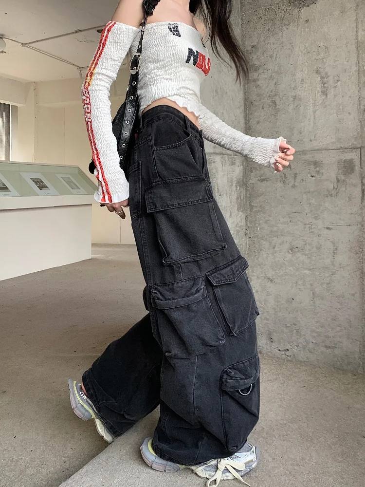 Trashy Y2K 2000S Streetwear Washed Black Baggy Jeans Cargo Pants For Women Clothes Multi Pockets Wide Leg Gothic Lady Trousers