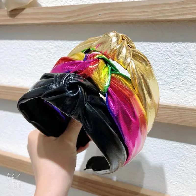 Pu Glossy Wide Hairband Fashion Hair Accessories Women's Retro Headband Knotted Holiday Wind Wide Side Hair Hoop Headwear