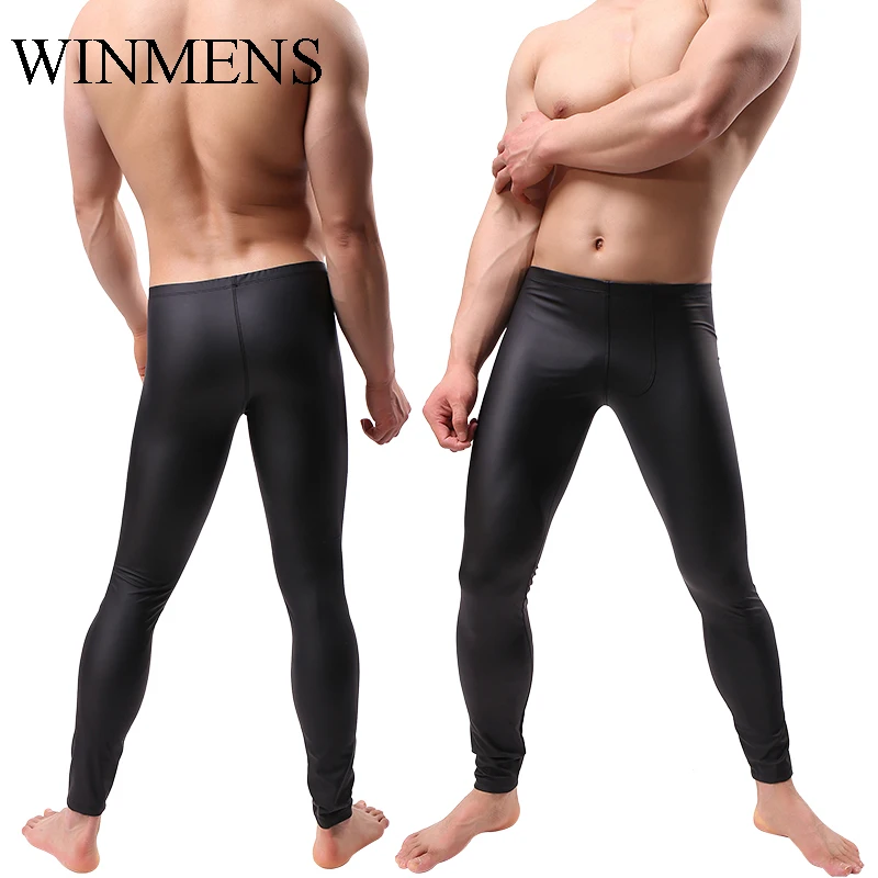 Adult Men's PU Leather Pants Elastic Low Waist Close Fitting Motorcycle Tights Candy Colors Fitness Sports Trousers Dance Longs