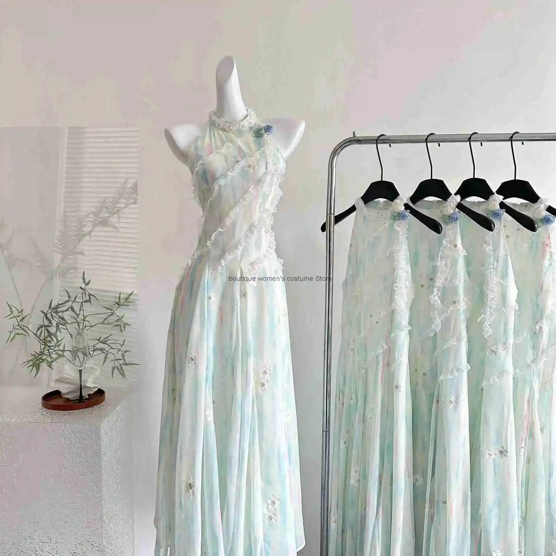

Flower Green Summer Fairy-Like Dress Sweet Slimming Waist-Cinching Long Dress Resort Style Slimming Dress