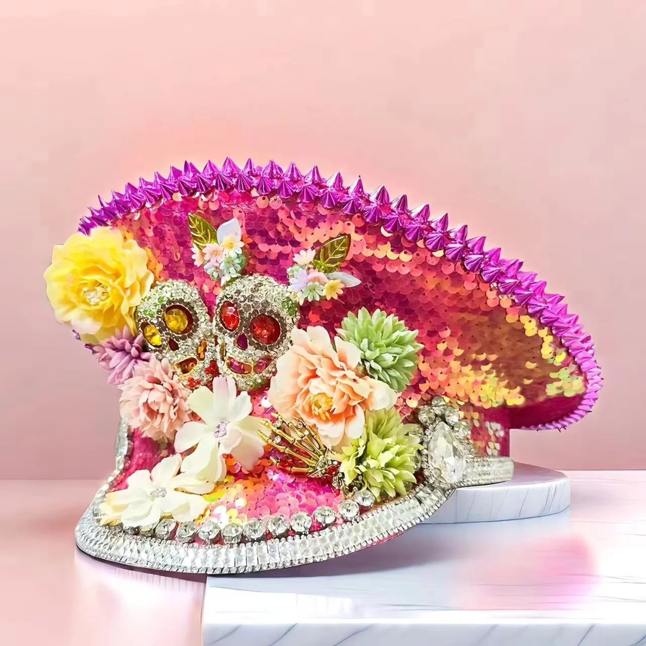 HongLuan Sombrero de disfraz de Halloween rosa, sombreros de capitán con diamantes de imitación para mujer de festival de hombre ardiente, accesorios femeninos de cosplay
