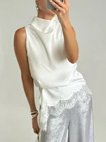 Bornladies 2026 Summer Women's Satin High Neck Vest Irregular Silhouette Delicate Lace Tanks Trim Sleeveless Top - Image 2
