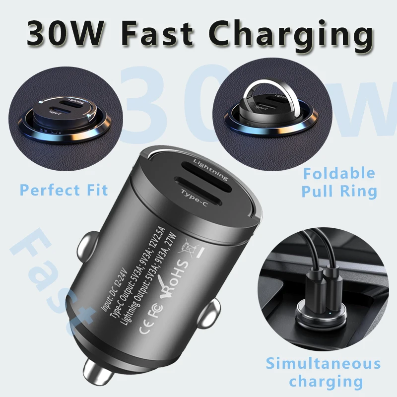 Car Charger USB C and Lightning Dual Output Mini  Size Flush Fit 30W Super Fast Charging Compitible For Iphone and Android