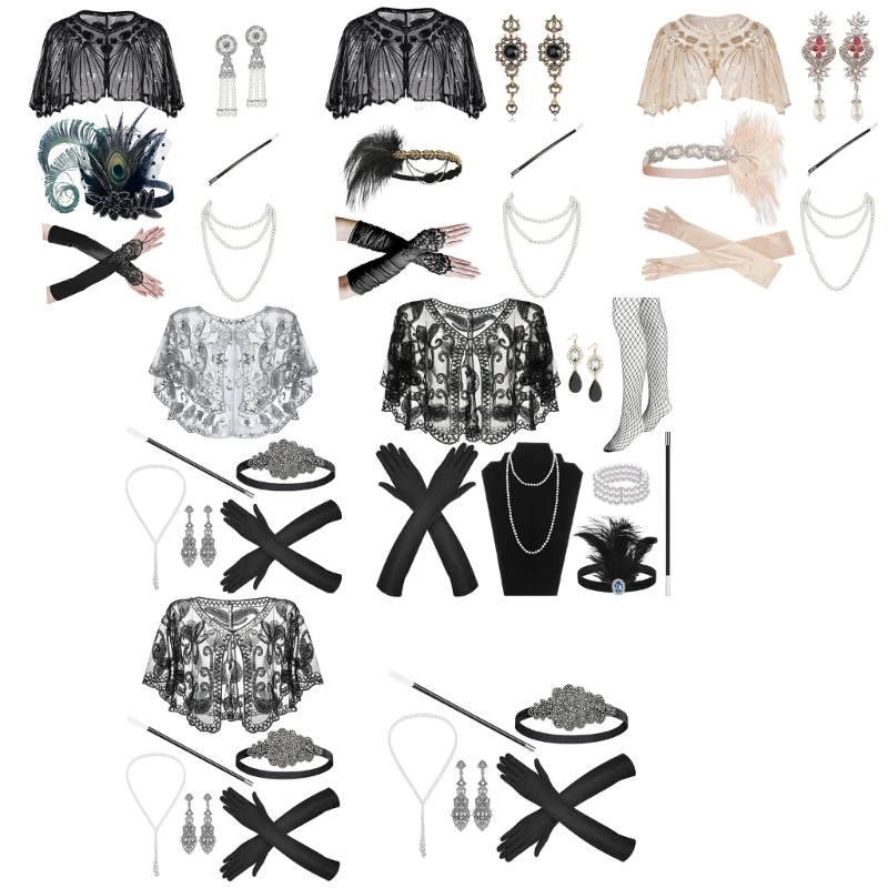 

Women Flapper Accessories Gatsby Party Costume Feather Headband Necklace Earring Gloves Shawl for Cocktail Party Prom