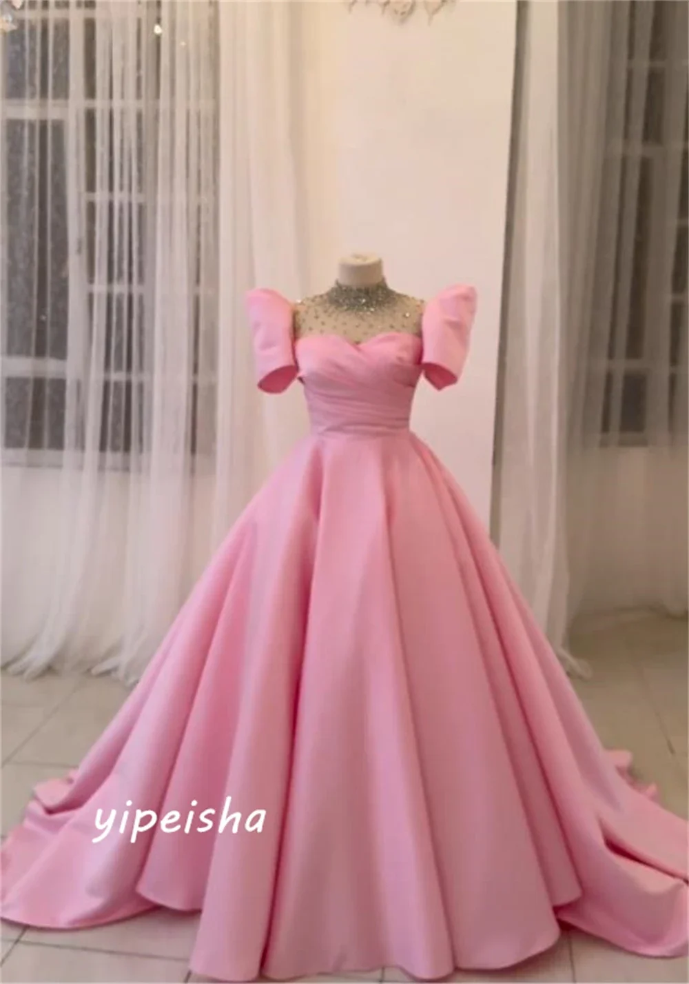 Customized Elegant Women High Collar Ball Gown Quinceanera Shirred Beading Floor Length Charmeuse Evening Vestido Exquisite Cla