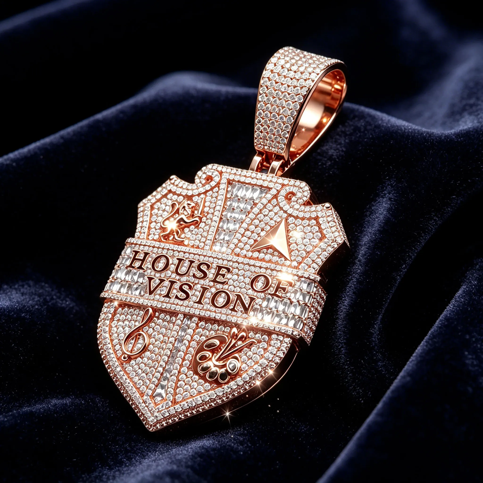 Iced Out multicolored CZ Hip Hop Necklace Charm Letter "HOUSE OF VISION" Shield Pendant For Men Wearing music festival gifts view 6