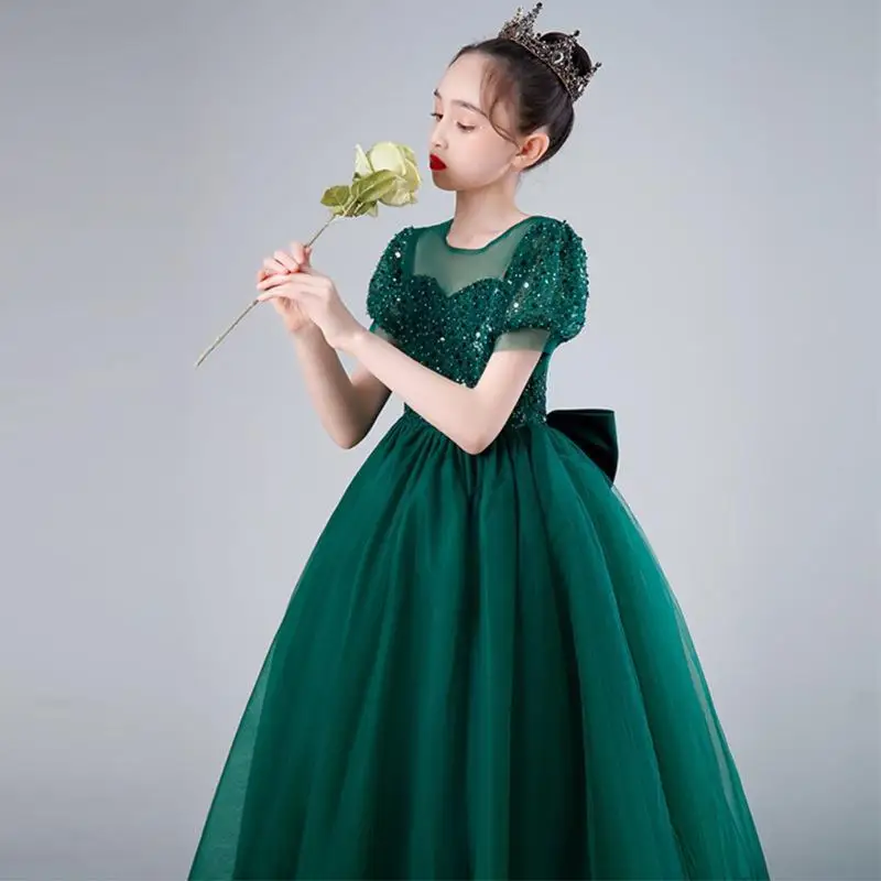 

Dark Green Children's Evening Dress Fashionable Girls' Puffy Tulle Princess Dress Host Piano Performance Catwalk Costume