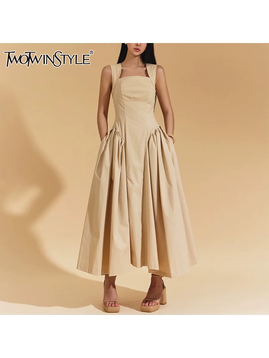 

TWOTWINSTYLE Solid Spliced Folds Long Dresses for Women Square Collar Sleeveless High Waist Minimalist Dress Female New