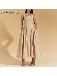 TWOTWINSTYLE Solid Spliced Folds Long Dresses for Women Square Collar Sleeveless High Waist Minimalist Dress Female New
