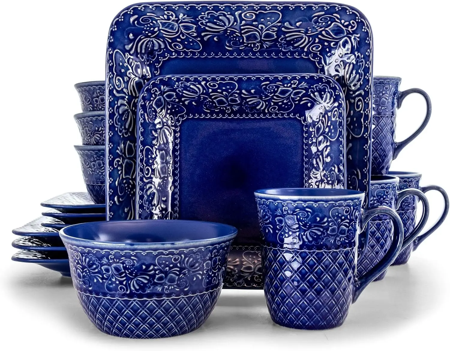 

Indigo Lotus 16 Piece Square Stoneware Dinnerware Set Blue Floral Casual Microwave Safe