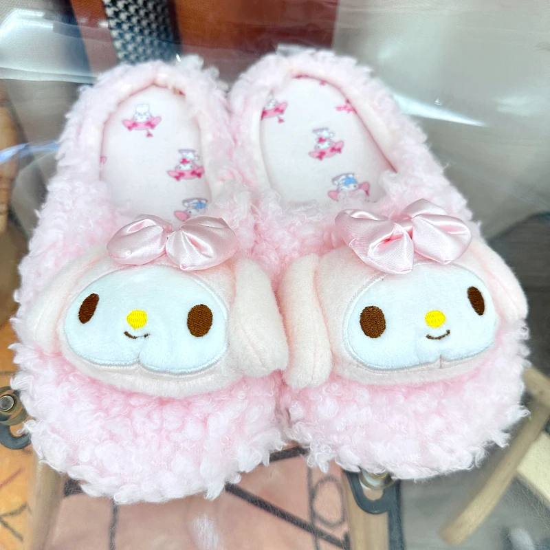 Lovely Furry Indoor Shoes Cute Kuromi Slippers My Melody Pochacco Japanese Style Long Plush Shoes For Girl Lady Autumn Winter