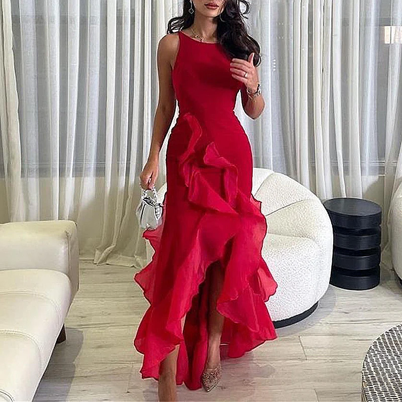 

Long Elegant Evening Dresses for Women Sleeveless Floor-Length Asymmetrical Ruffles Prom Party Wedding Gala Special Events 2023