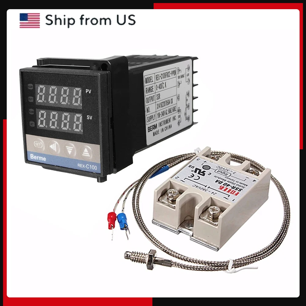 Digital LCD PID REX-C100 Temperature Controller Set + K Thermocouple + Max.40A SSR Temperature Controller