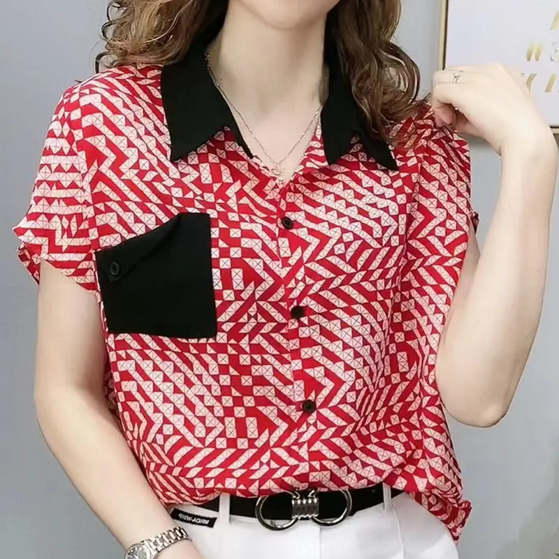 Leopard Print Blouses Women Fashion Summer Simple All-match Turndown Collar Casual Loose Female Short Sleeve Harajuku Streetwear