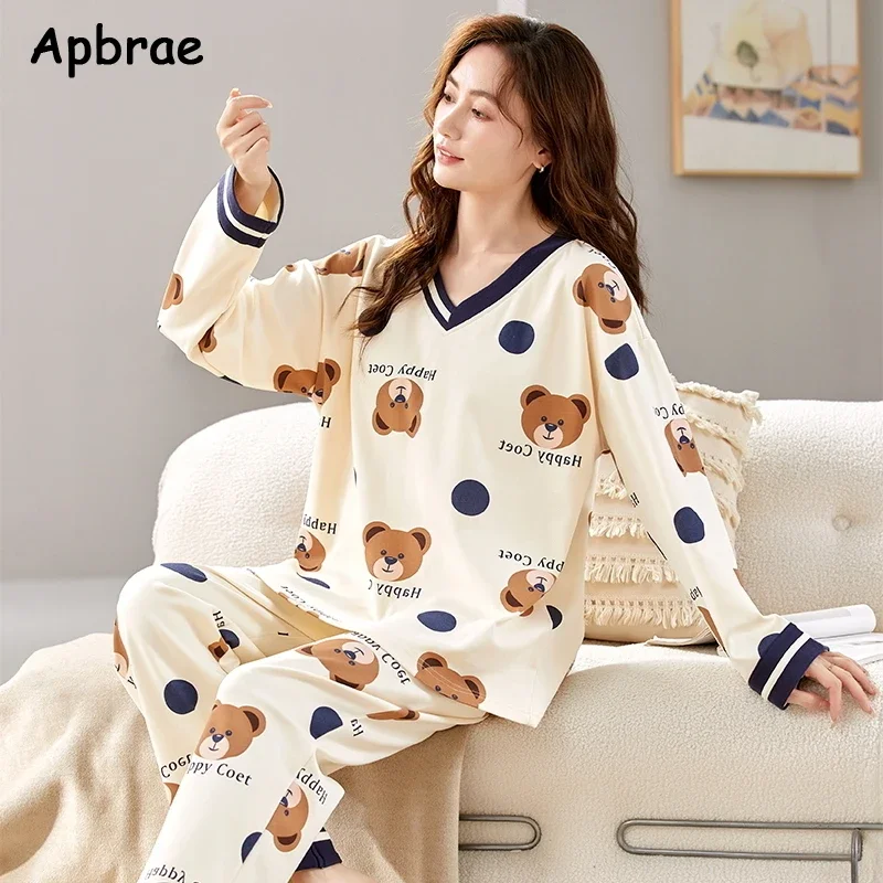 Cute Bear Print Pajamas for Women Autumn Winter Long Sleeve Cotton Sleepwear Soft Pijamas Leisure Cartoon Girls Homesuits Pjs