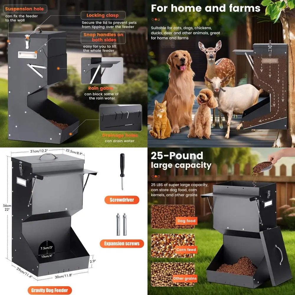 

Уличная/домашняя гравитационная кормушка для собак крупных пород, вместимость 25 фунтов, с крышкой и функцией подвешивания