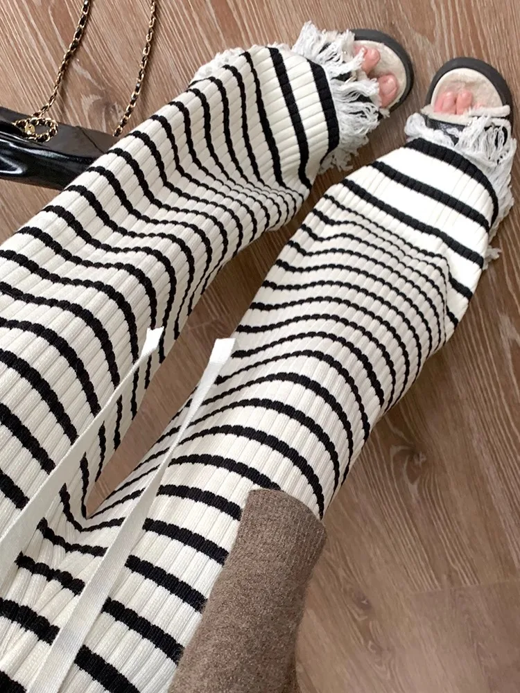 

Мягкие уютные вязаные брюки с высокой талией и широкими штанинами для женщин, осенне-зимние, новые, повседневные, прямые, свободные, с бахромой, в пол