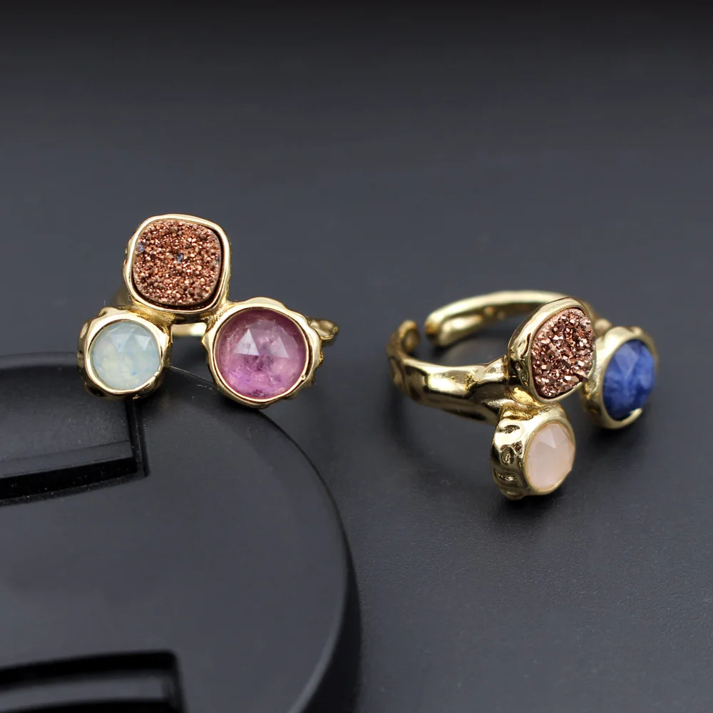 3pc Colorful Natural Stones Rings Healing Crystal Quartz Geode Drusy Gemstone Adjustable Open Finger Ring for Women Gift