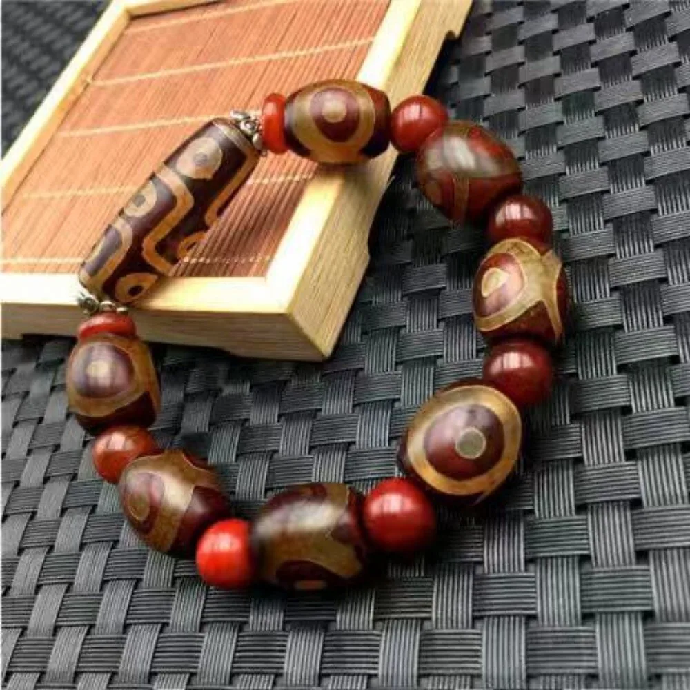 

Tibetan Nine Eye Three Eye Dzi Bead Bracelet Agate Carnelian Drum Beads Unisex