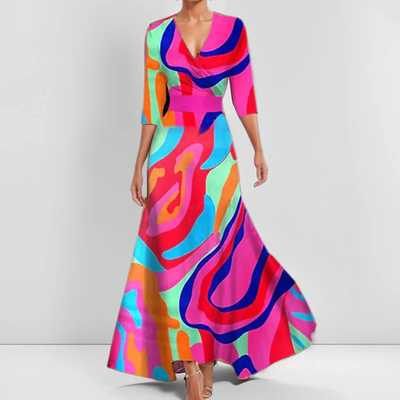 Frühling Sommer Frauen Mode V-ausschnitt Belted Party Langes Kleid Kurzarm Tasche Femlae Urlaub Übergroßen Lose Druck Maxi Kleider – Detail 4
