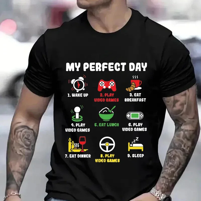 Men's T-shirts My Perfect Day Gamer Cool Gamer Video Game Funny T-Shirt Male Tshirts Video Games Play Playing Lover Tops Outfits