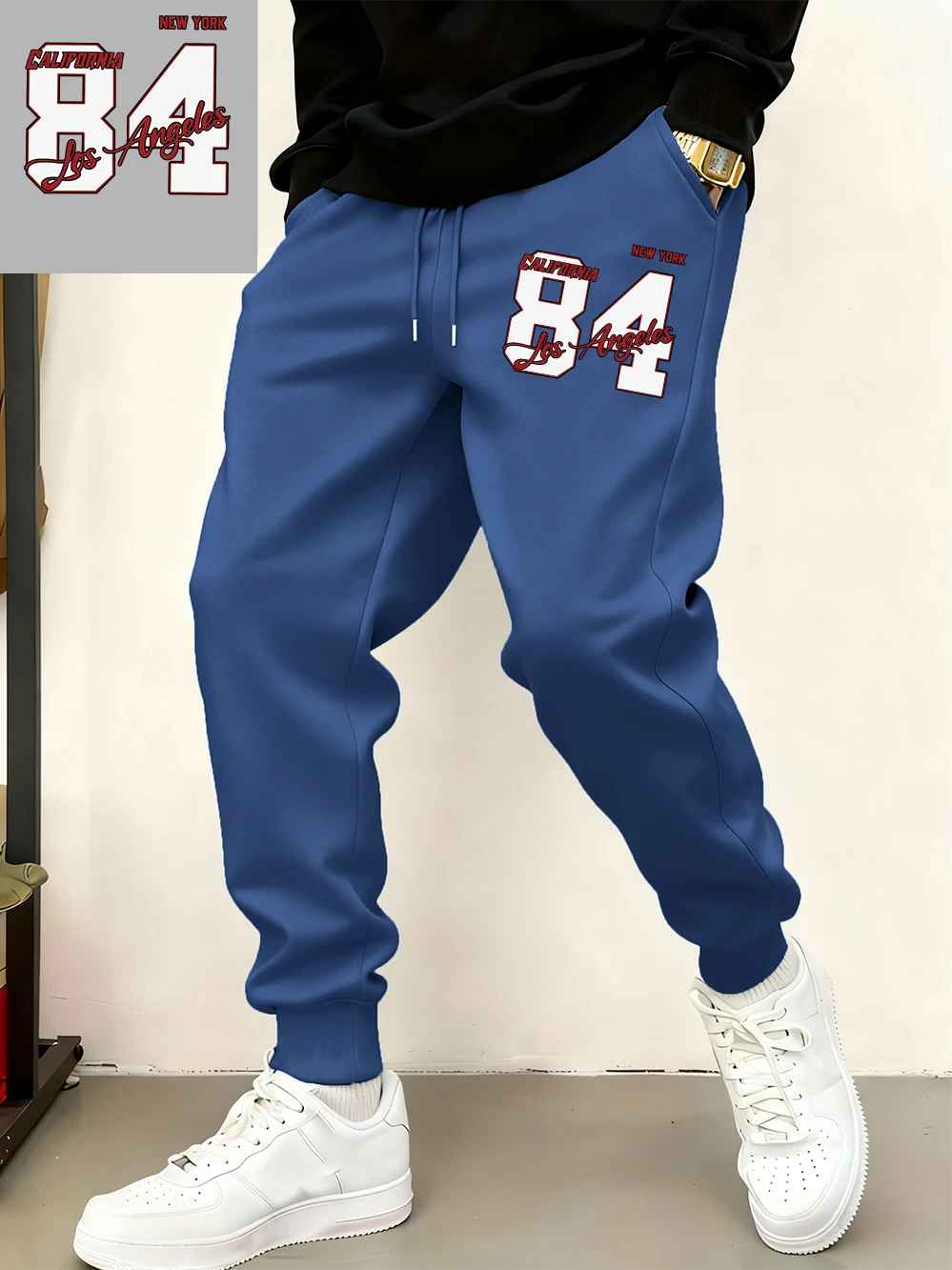 

New York California 84 Printed Sweatpants Mens Casual Fleece Warm Trousers Winter Loose Pocket Jogger Pants Basics Men'S Clothes