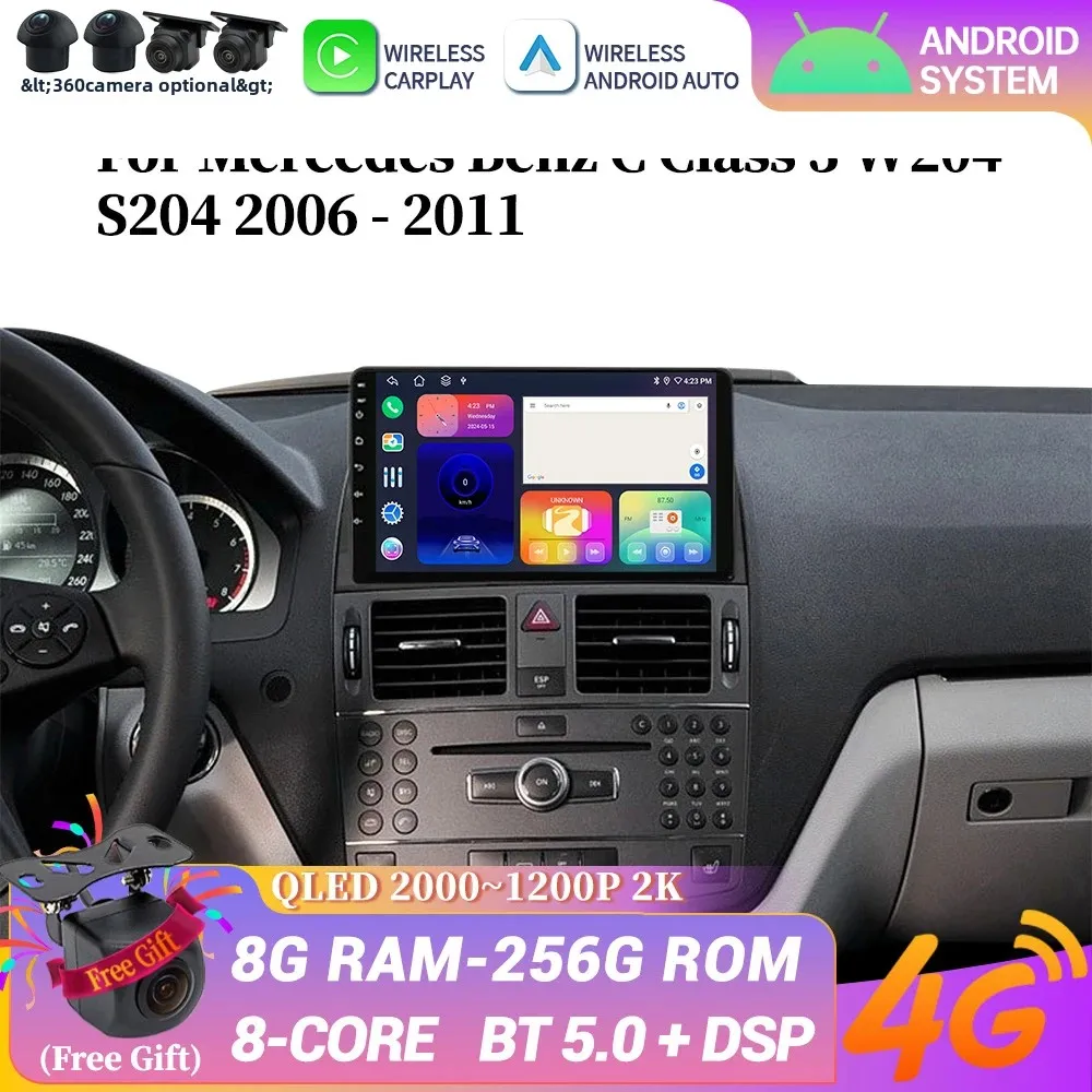 

Android 14 для Mercedes Benz C Class 3 W204 S204 2006-2011, автомобильный радиоприемник, беспроводной BT Carplay, Android Auto, мультимедийный сенсорный экран
