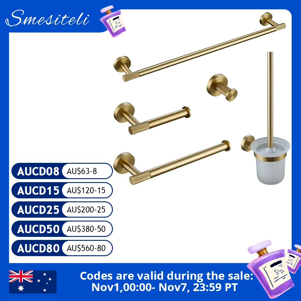 

Brushed Gold Bathroom Accessories Towel Bar Bath Robe Hook Brass Knurled Bathroom Hardware Set Shelf for Towels Paper Tissue Hol